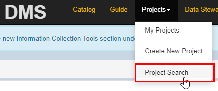 The homepage of the DMS website with the words 'Project Search' highlighted in a red box.