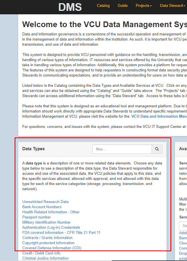On the DMS website, the data-types pane is highlighted with a red box.