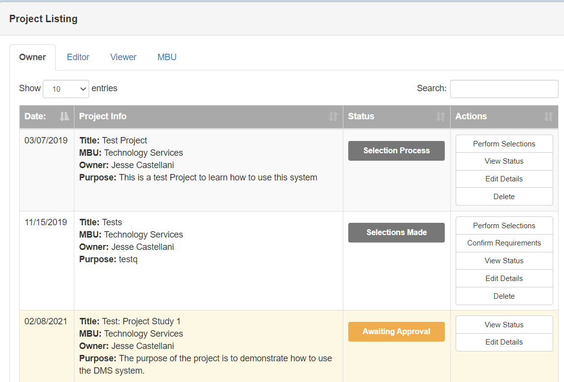 The project details pane with three projects listed.