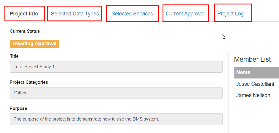 The project detailed tabs are highlighted with red boxes.